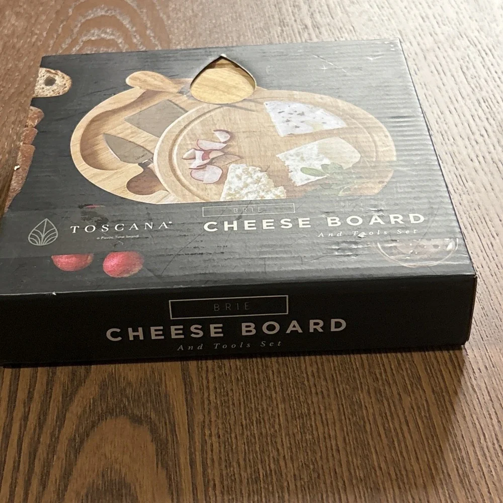 Toscana Wood Cheese Board Round Acacia Brie Tools Knife Set‎ Charcuterie 7 Inch